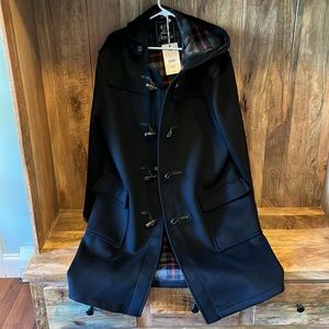 Men’s Gloverall size 46 (XL) black pea coat with hood, toggle buttons and snaps.